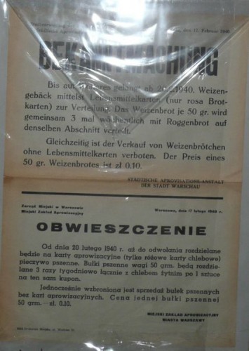 Obwieszczenie dot. kartek żywnościowych,Warszawa 1940